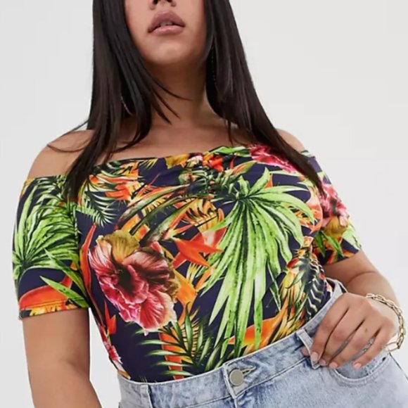 off the shoulder Pink Clove bardot bodysuit in tropical print Size 18 - Picture 1 of 4
